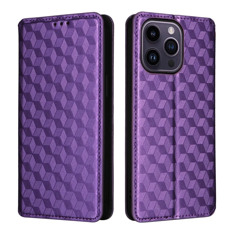 Wallet Stand Phone Case for iPhone 15 Pro , PU Leather + TPU Rhombus Imprinted Cover - Purple