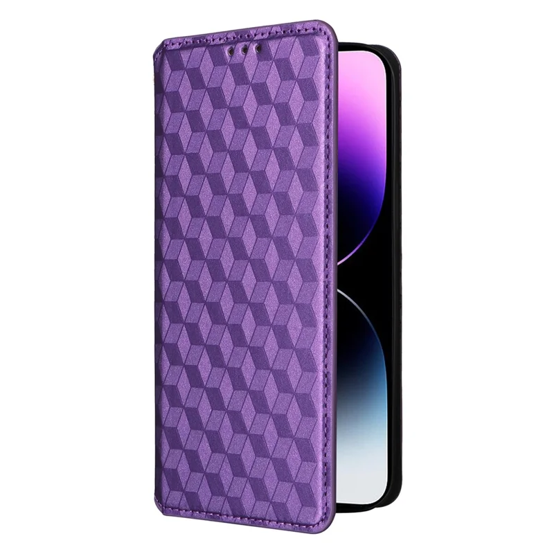 Wallet Stand Phone Case for iPhone 15 Pro , PU Leather + TPU Rhombus Imprinted Cover - Purple