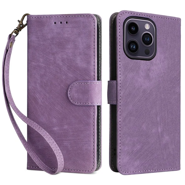 Para iPhone 15 Pro Max Wallet Phone Case RFID Blocking PU Leather Anti-fall Stand Cover with Strap - Roxo