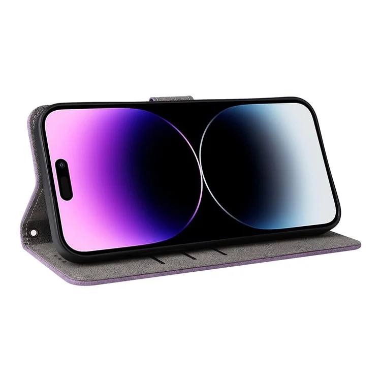 Para iPhone 15 Pro Max Wallet Phone Case RFID Blocking PU Leather Anti-fall Stand Cover with Strap - Roxo