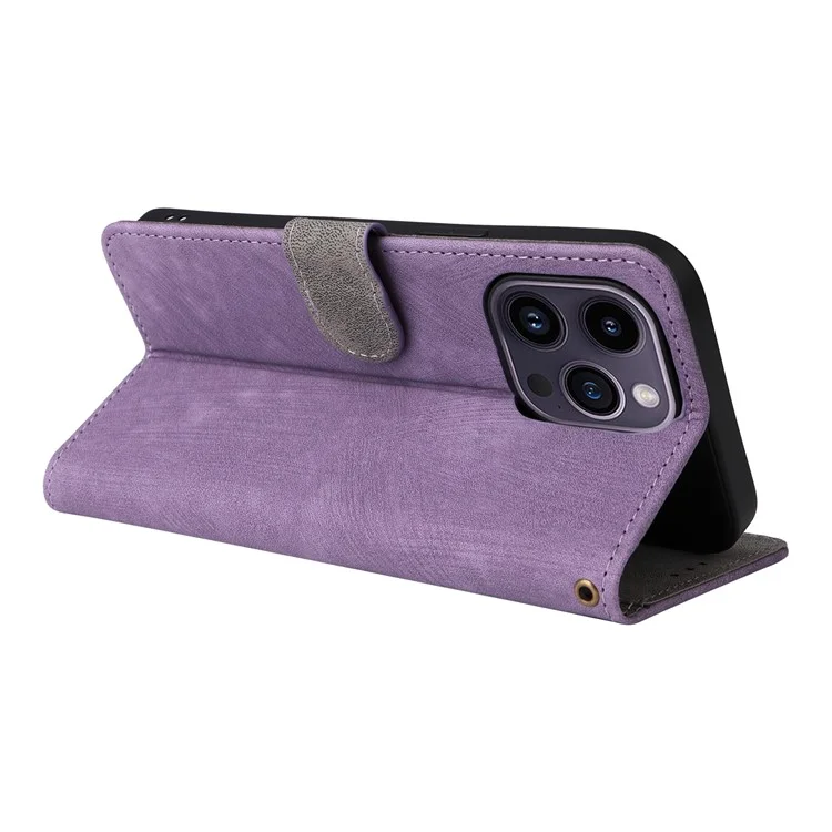 Para iPhone 15 Pro Max Wallet Phone Case RFID Blocking PU Leather Anti-fall Stand Cover with Strap - Roxo