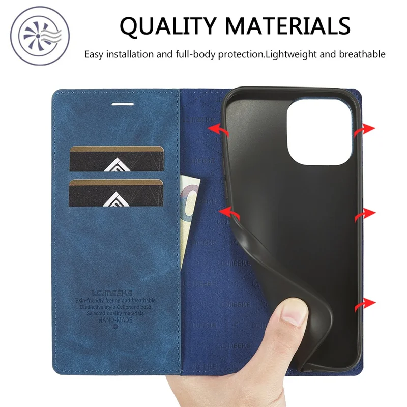 LC.IMEEKE Phone Case for iPhone 15 Pro Max , Magnetic Closure Shell Microfiber Leather Stand Wallet Cover - Blue