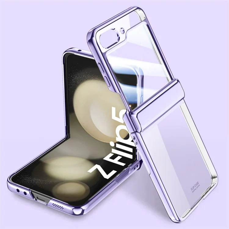 For Samsung Galaxy Z Flip5 5G Hinge Protection Clear Case Hard PC Electroplating Phone Cover with Tempered Glass Rear Screen Protector - Purple