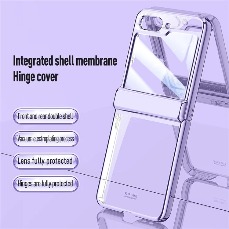 For Samsung Galaxy Z Flip5 5G Hinge Protection Clear Case Hard PC Electroplating Phone Cover with Tempered Glass Rear Screen Protector - Purple