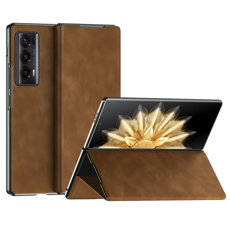 For Honor Magic V2 5G Folding Phone Case Nappa Texture PU Leather + PC Stand Cover - Brown