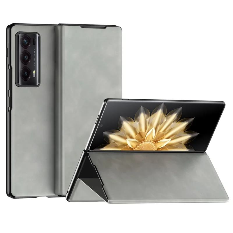 For Honor Magic V2 5G Folding Phone Case Nappa Texture PU Leather + PC Stand Cover - Grey