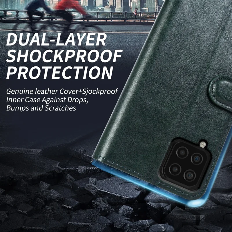 Für Samsung Galaxy F22 Waxy Texture Stand Wallet Telefonhülle Echtes Kuhleder Schockdelie Telefonabdeckung - Schwarzgrün