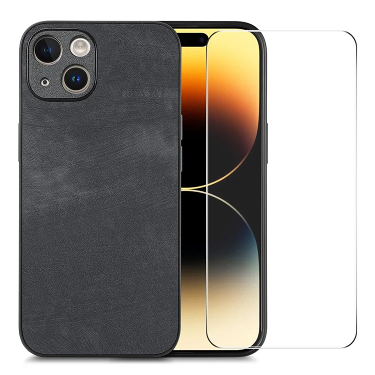 ENKAY HAT PRINCE Para iPhone 15 Retro Texture Phone Case PU Leather Coated PC Cover com High Aluminium-silicon Glass Film - Preto