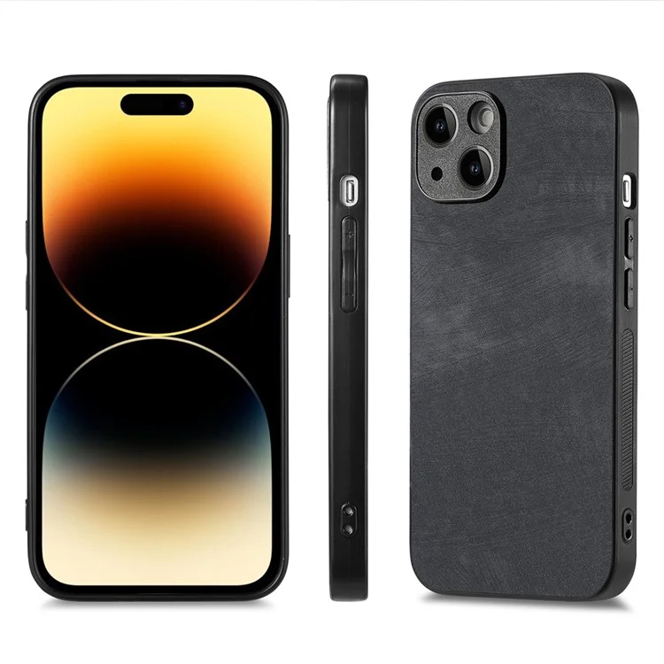 ENKAY HAT PRINCE Para iPhone 15 Retro Texture Phone Case PU Leather Coated PC Cover com High Aluminium-silicon Glass Film - Preto