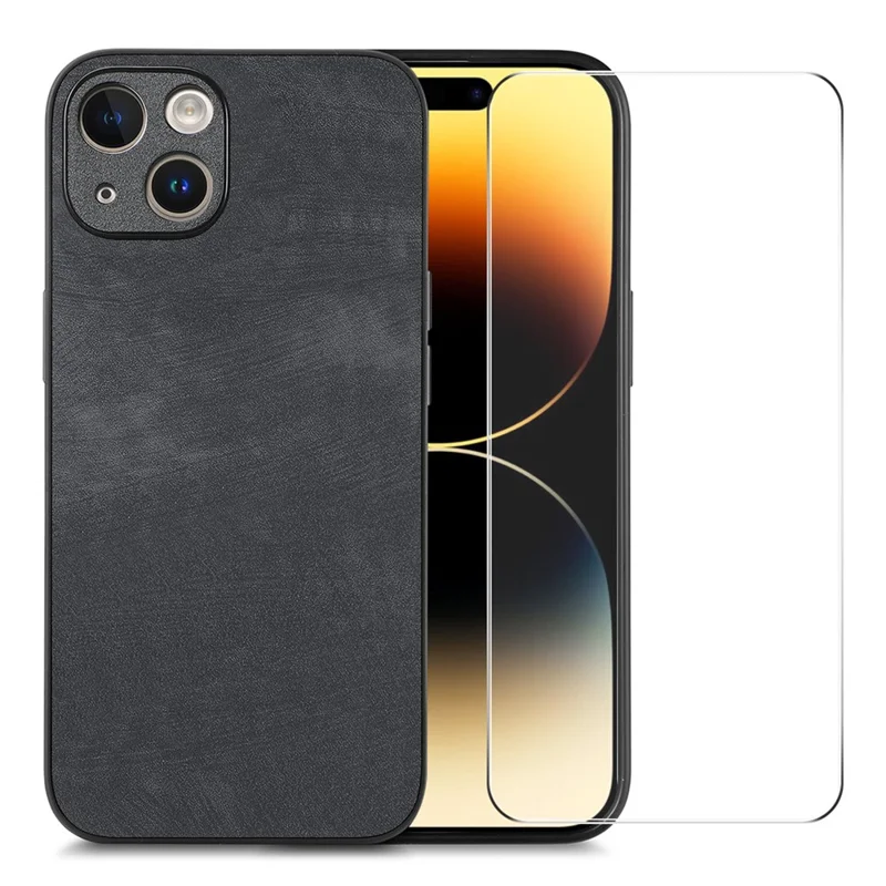 ENKAY HAT PRINCE For iPhone 15 Plus Phone Case Retro Texture Leather + PC Cover with High Aluminium-silicon Glass Film - Black