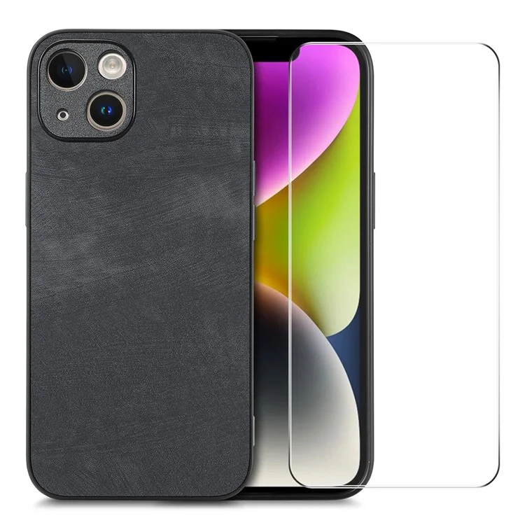 ENKAY НАТ PRINCE для iPhone 14 Vintage PU Leather + PC Чехол для телефона с высокоалюминиевым силикатным стеклом - Черный