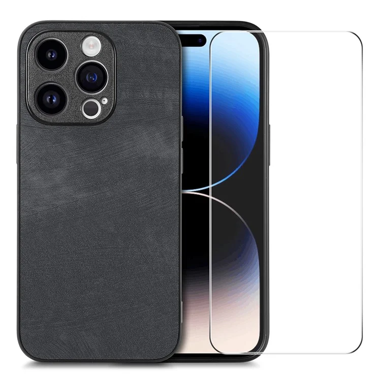 ENKAY HAT PRINCE For iPhone 14 Pro PU Leather + PC Case Retro Design Phone Cover with High Aluminium-silicon Glass Film - Black