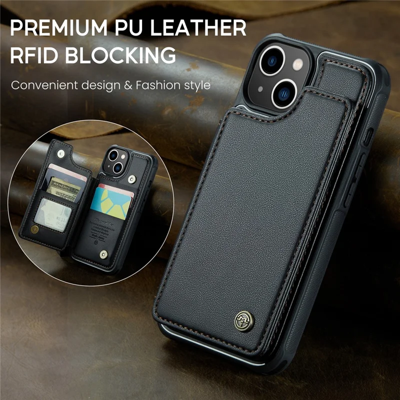 CASEME C22 Serie Kartenschlitze Handyhülle für iPhone 13, RFID-blockierende Leder+TPU-Ständerhalterung - Schwarz