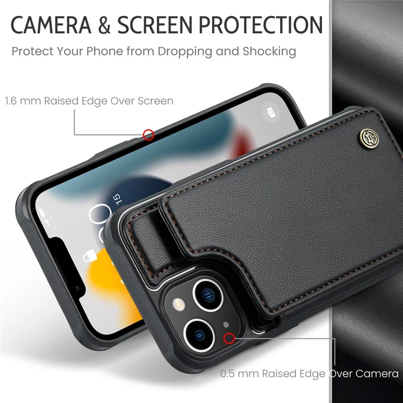 CASEME C22 Serie Kartenschlitze Handyhülle für iPhone 13, RFID-blockierende Leder+TPU-Ständerhalterung - Schwarz