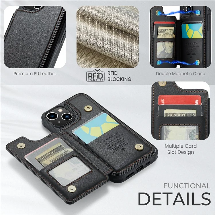 CASEME C22 Serie Kartenschlitze Handyhülle für iPhone 13, RFID-blockierende Leder+TPU-Ständerhalterung - Schwarz