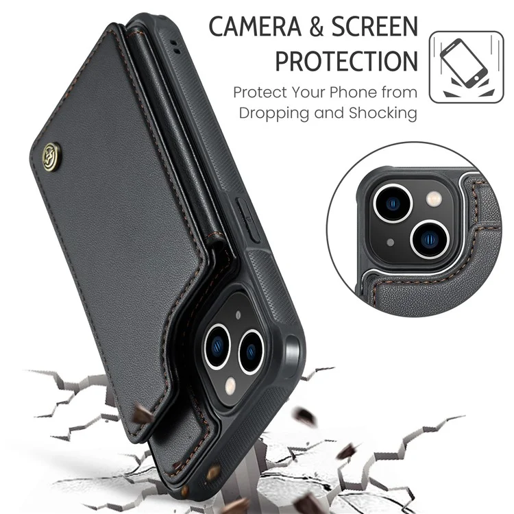CASEME C22 Serie Kartenschlitze Handyhülle für iPhone 13, RFID-blockierende Leder+TPU-Ständerhalterung - Schwarz