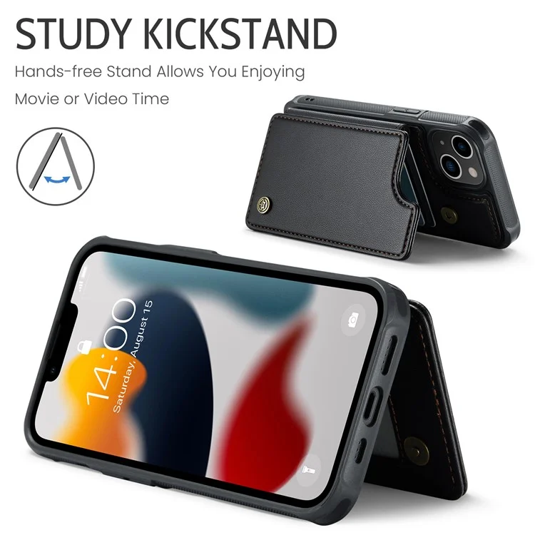 CASEME C22 Serie Kartenschlitze Handyhülle für iPhone 13, RFID-blockierende Leder+TPU-Ständerhalterung - Schwarz