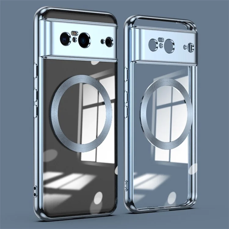 Magnetic Phone Case for Google Pixel 8 , Clear TPU Electroplating Back Cover with Lens Protector - Blue