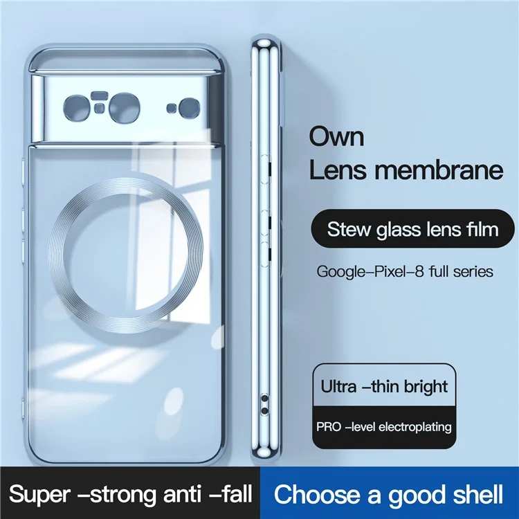 Magnetic Phone Case for Google Pixel 8 , Clear TPU Electroplating Back Cover with Lens Protector - Blue
