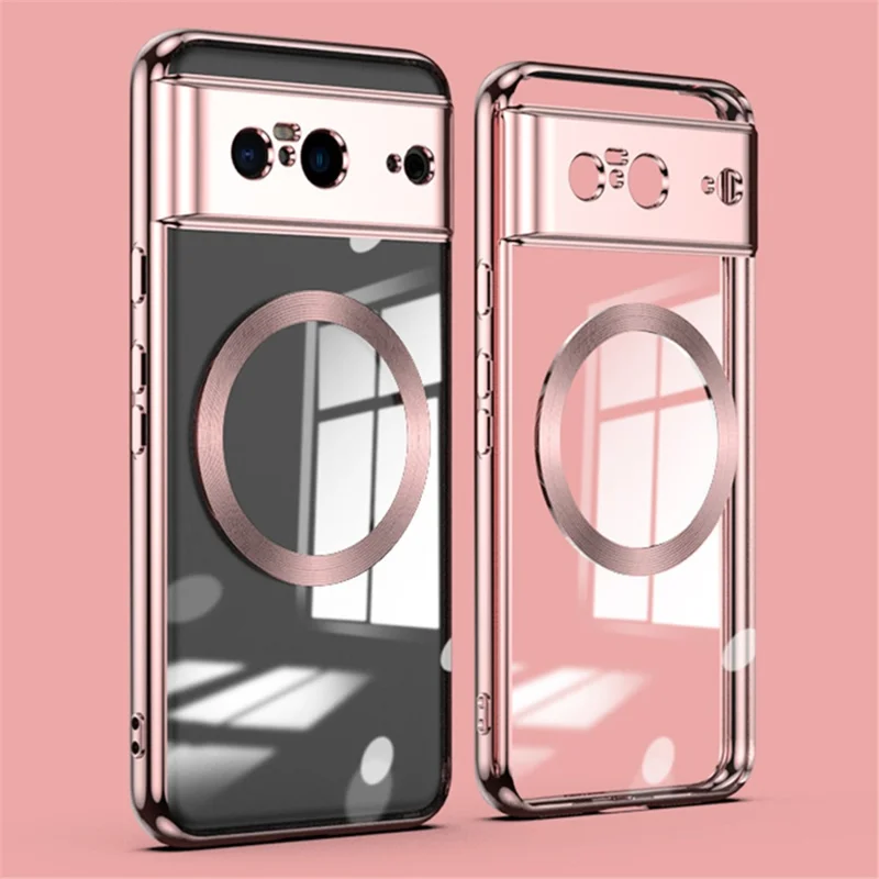 Magnetic Phone Case for Google Pixel 8 , Clear TPU Electroplating Back Cover with Lens Protector - Rose Gold