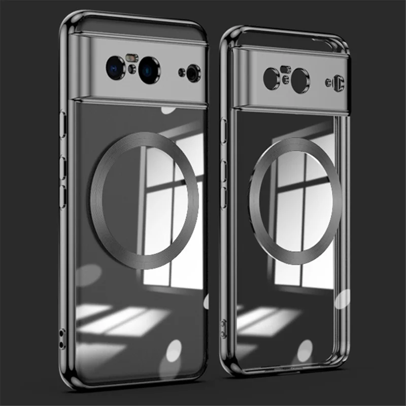Magnetic Phone Case for Google Pixel 8 , Clear TPU Electroplating Back Cover with Lens Protector - Black