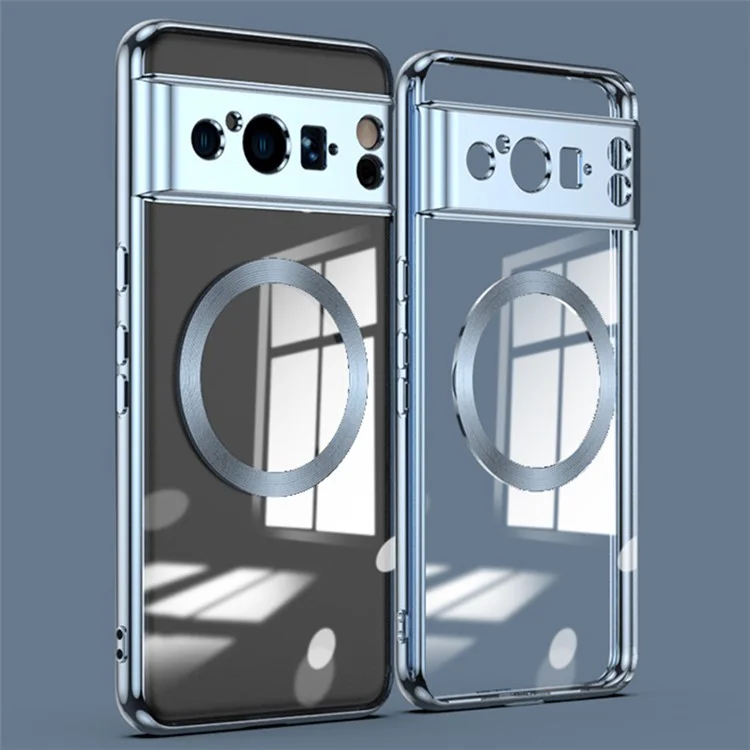 For Google Pixel 8 Pro Magnetic Plating Case TPU Clear Cover with Integrated Lens Protector - Blue