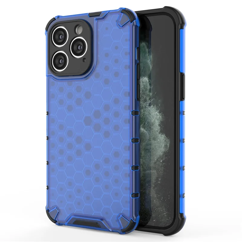 Slim-fit Cell Phone Case for iPhone 15 Pro Max , Honeycomb Texture TPU+PC Phone Shell Cover - Blue