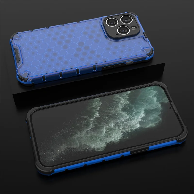 Slim-fit Cell Phone Case for iPhone 15 Pro Max , Honeycomb Texture TPU+PC Phone Shell Cover - Blue