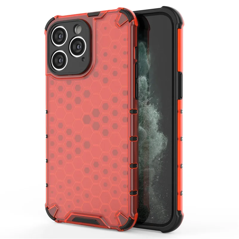 Slim-fit Cell Phone Case for iPhone 15 Pro Max , Honeycomb Texture TPU+PC Phone Shell Cover - Red