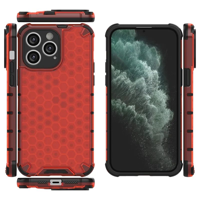 Slim-fit Cell Phone Case for iPhone 15 Pro Max , Honeycomb Texture TPU+PC Phone Shell Cover - Red