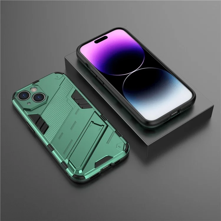 Para iPhone 15 Funda Protectora de Teléfono a Prueba de Caídas PC+TPU Cubierta Posterior con Soporte - Verde