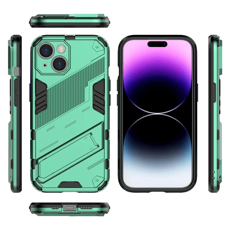 Para iPhone 15 Funda Protectora de Teléfono a Prueba de Caídas PC+TPU Cubierta Posterior con Soporte - Verde