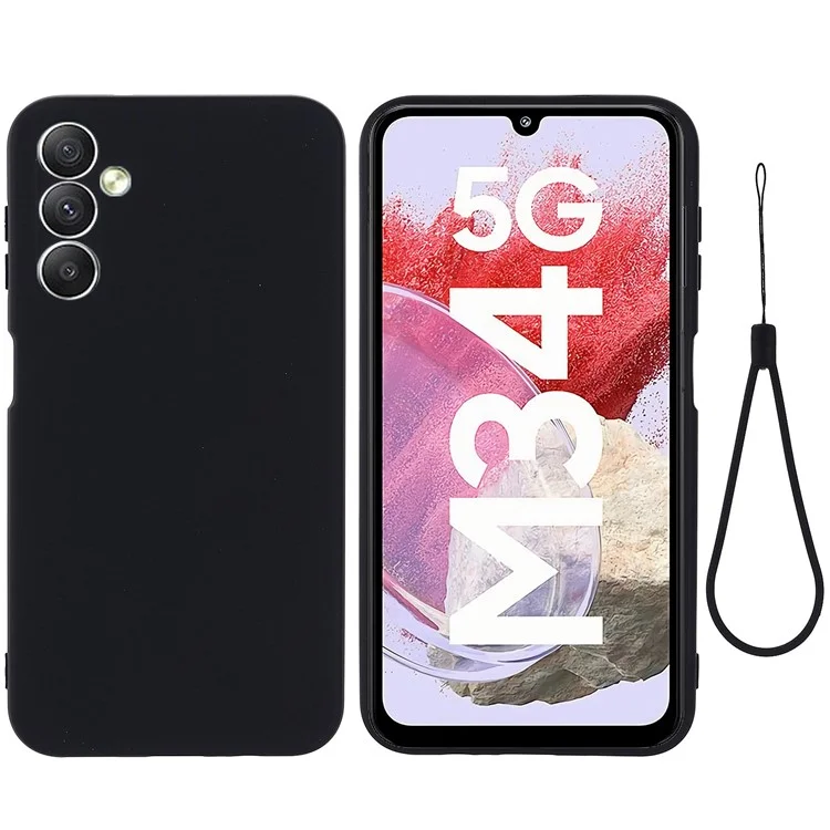 Für Samsung Galaxy F34 5G / M34 5G Flüssigsilikon-Handyhülle, weiche Fütterung, stoßfeste Abdeckung mit Trageriemen - Schwarz