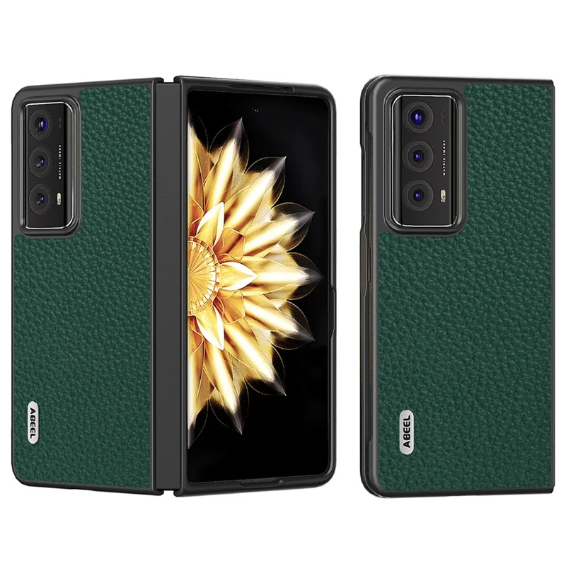 ABEEL For Honor Magic V2 5G Genuine Cow Leather Coated PC Shell Litchi Texture Phone Guard Cover - Green
