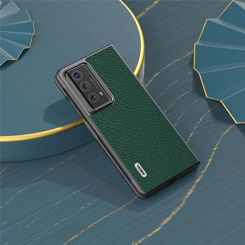 ABEEL For Honor Magic V2 5G Genuine Cow Leather Coated PC Shell Litchi Texture Phone Guard Cover - Green