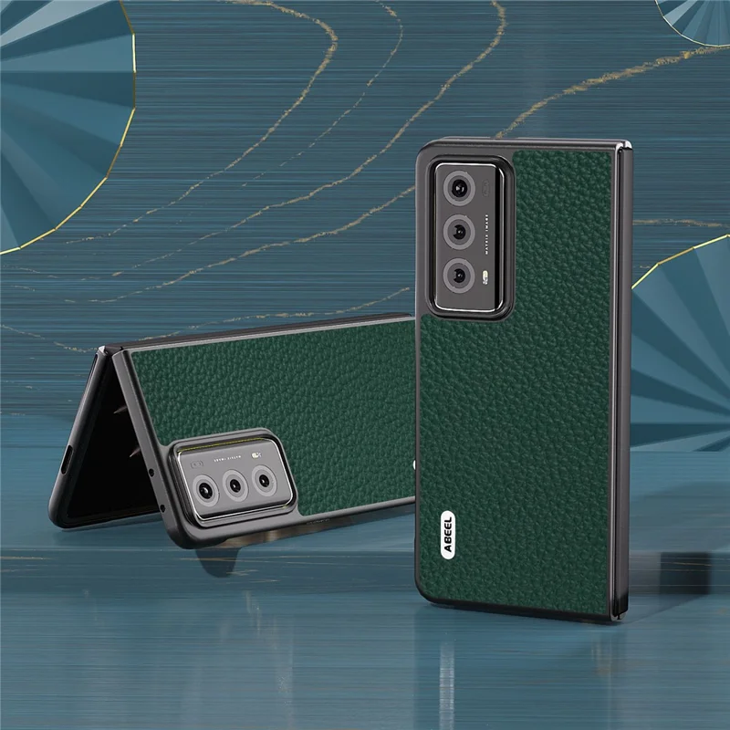 ABEEL For Honor Magic V2 5G Genuine Cow Leather Coated PC Shell Litchi Texture Phone Guard Cover - Green