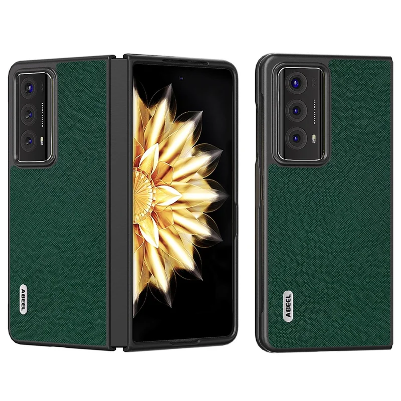 ABEEL Phone Case for Honor Magic V2 5G Genuine Cow Leather Coated Hard PC Cross Texture Protective Cover - Green