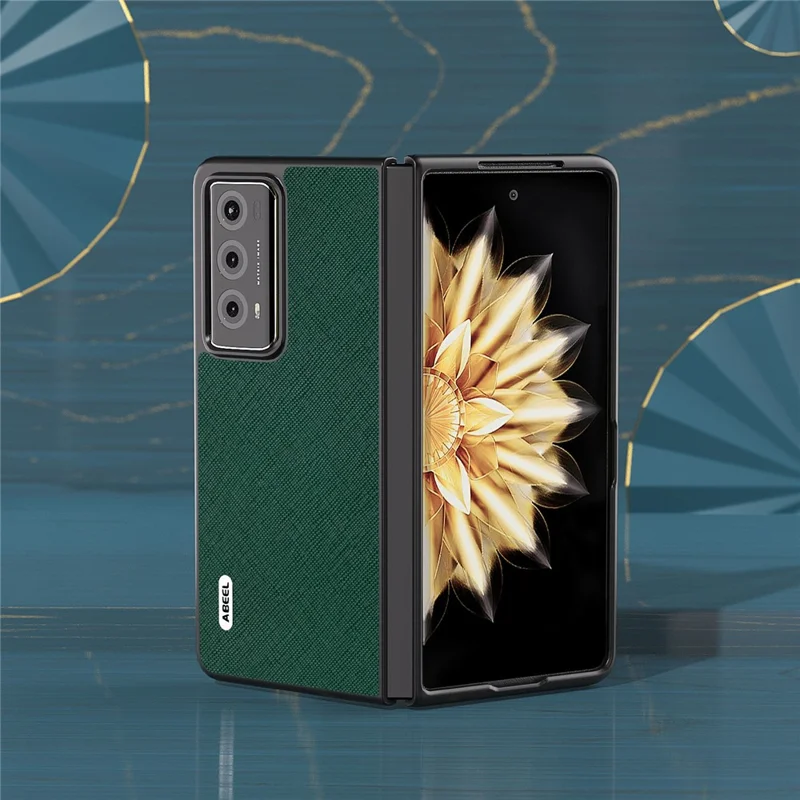 ABEEL Phone Case for Honor Magic V2 5G Genuine Cow Leather Coated Hard PC Cross Texture Protective Cover - Green