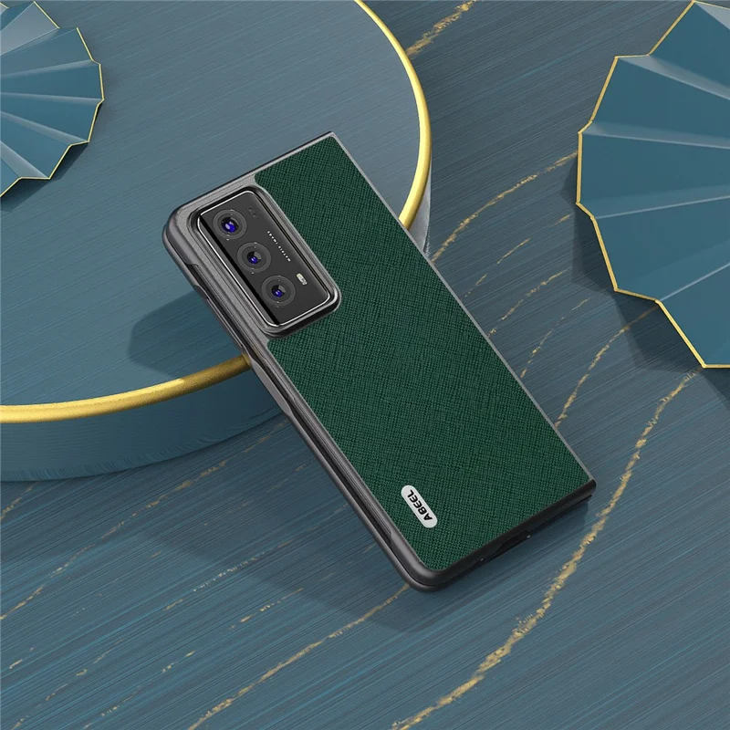 ABEEL Phone Case for Honor Magic V2 5G Genuine Cow Leather Coated Hard PC Cross Texture Protective Cover - Green