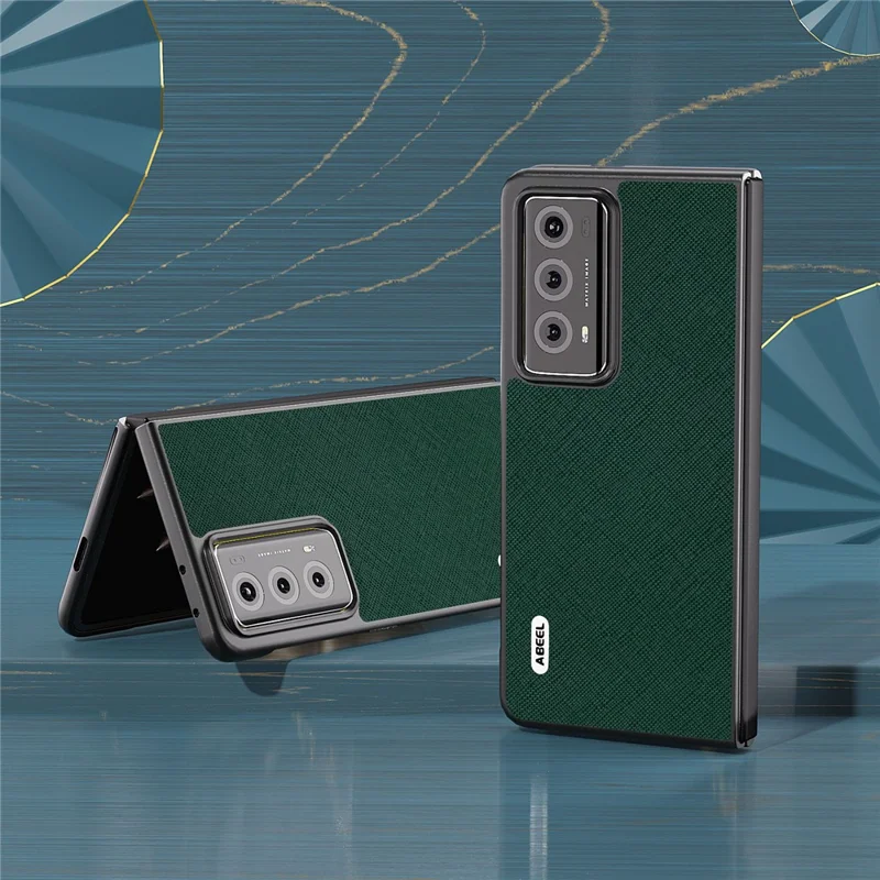 ABEEL Phone Case for Honor Magic V2 5G Genuine Cow Leather Coated Hard PC Cross Texture Protective Cover - Green