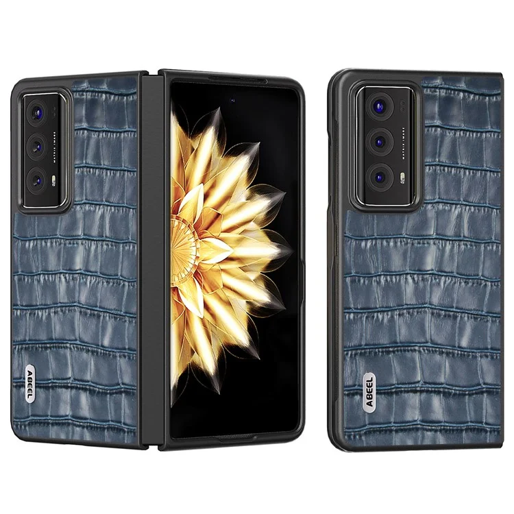 ABEEL For Honor Magic V2 5G Véritable Cuir de Vache + Coque PC Texture Crocodile Antichoc - Bleu