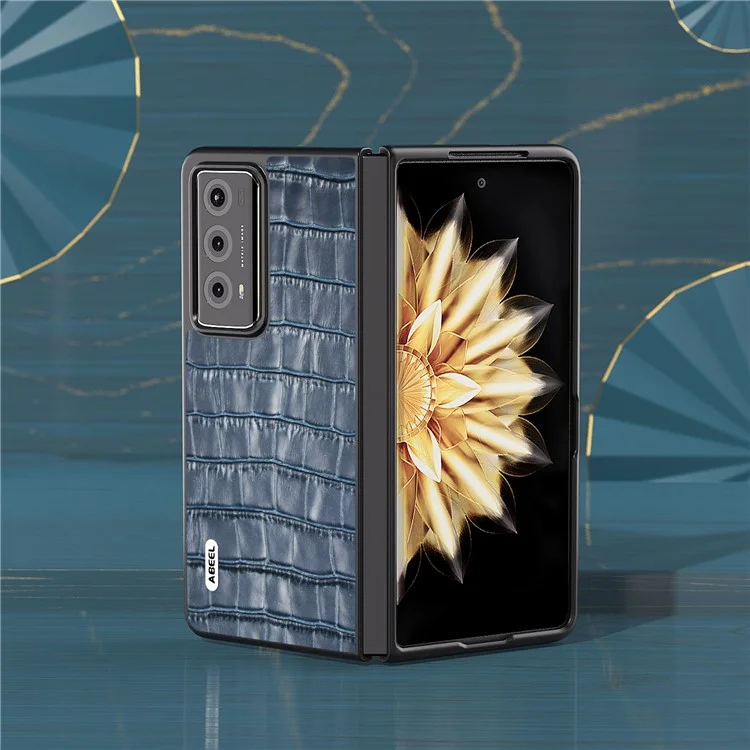 ABEEL For Honor Magic V2 5G Véritable Cuir de Vache + Coque PC Texture Crocodile Antichoc - Bleu