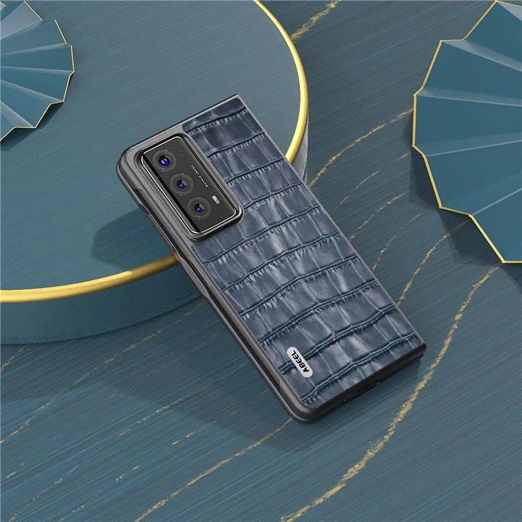 ABEEL For Honor Magic V2 5G Véritable Cuir de Vache + Coque PC Texture Crocodile Antichoc - Bleu
