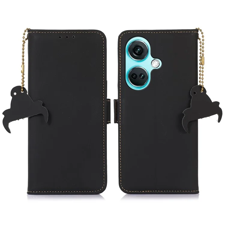 Para el OnePlus Nord CE3 5G RFID Blocking Phone Case Silky Genuine Cow Leather Wallet Stand Cover - Negro