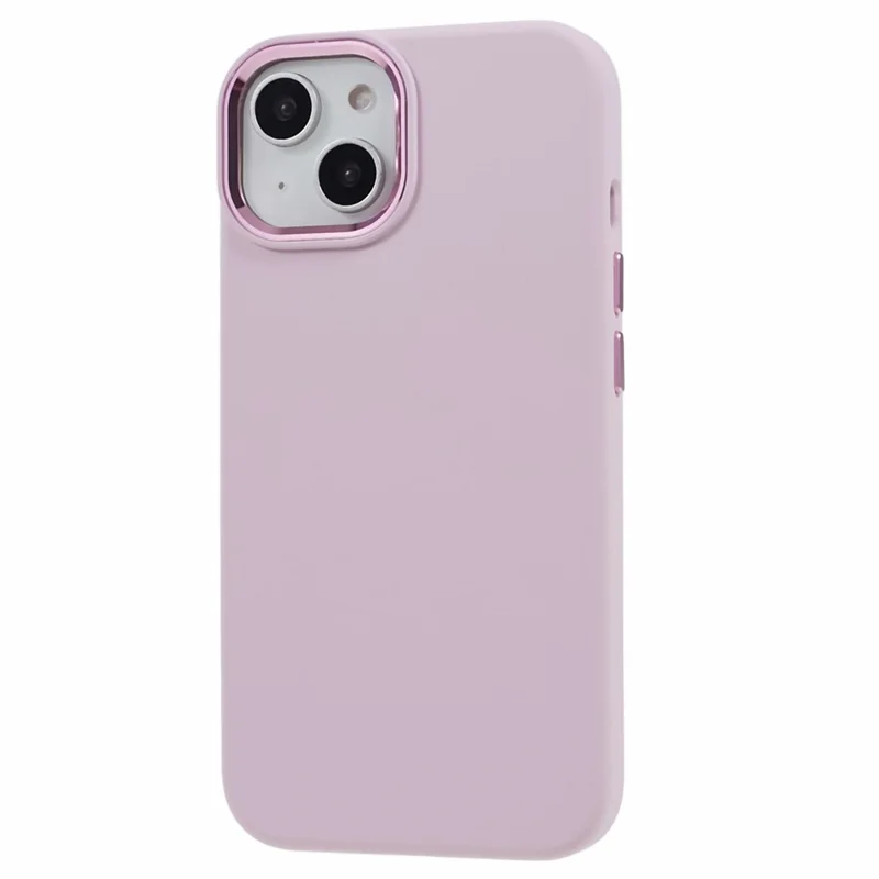 Phone Case for iPhone 15 Plus Liquid Silicone+PC Anti-scratch Cover with Metal Lens Frame - Morandi Pink
