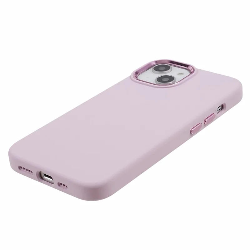 Phone Case for iPhone 15 Plus Liquid Silicone+PC Anti-scratch Cover with Metal Lens Frame - Morandi Pink