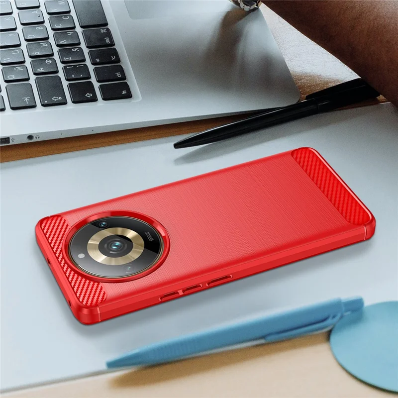 For Realme 11 Pro+ 5G / 11 Pro 5G Brushed Soft TPU Phone Case Carbon Fiber Texture Back Cover - Red