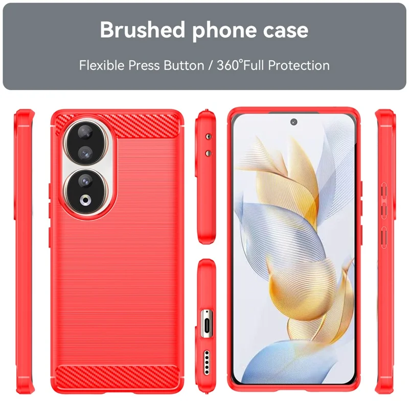 Coque de téléphone en fibre de carbone texturée brossée pour Honor 90, housse de téléphone souple TPU fine - Rouge