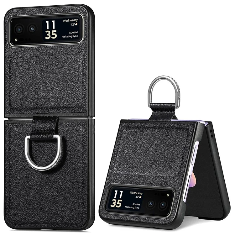 Suporte de Anel para Telefone Celular para Motorola Razr 40 5G, Capa de Couro Texturizado com Revestimento de PC - Preto