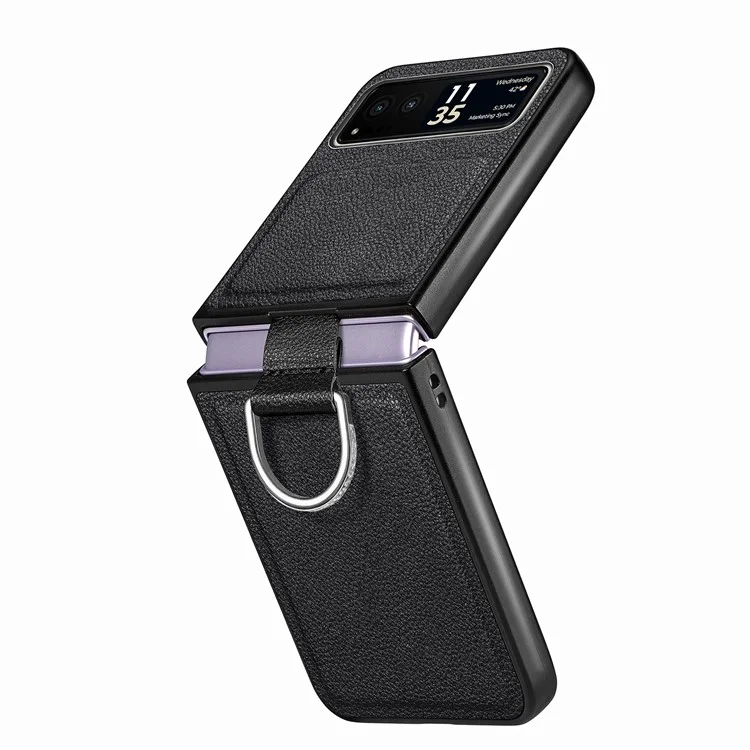 Suporte de Anel para Telefone Celular para Motorola Razr 40 5G, Capa de Couro Texturizado com Revestimento de PC - Preto